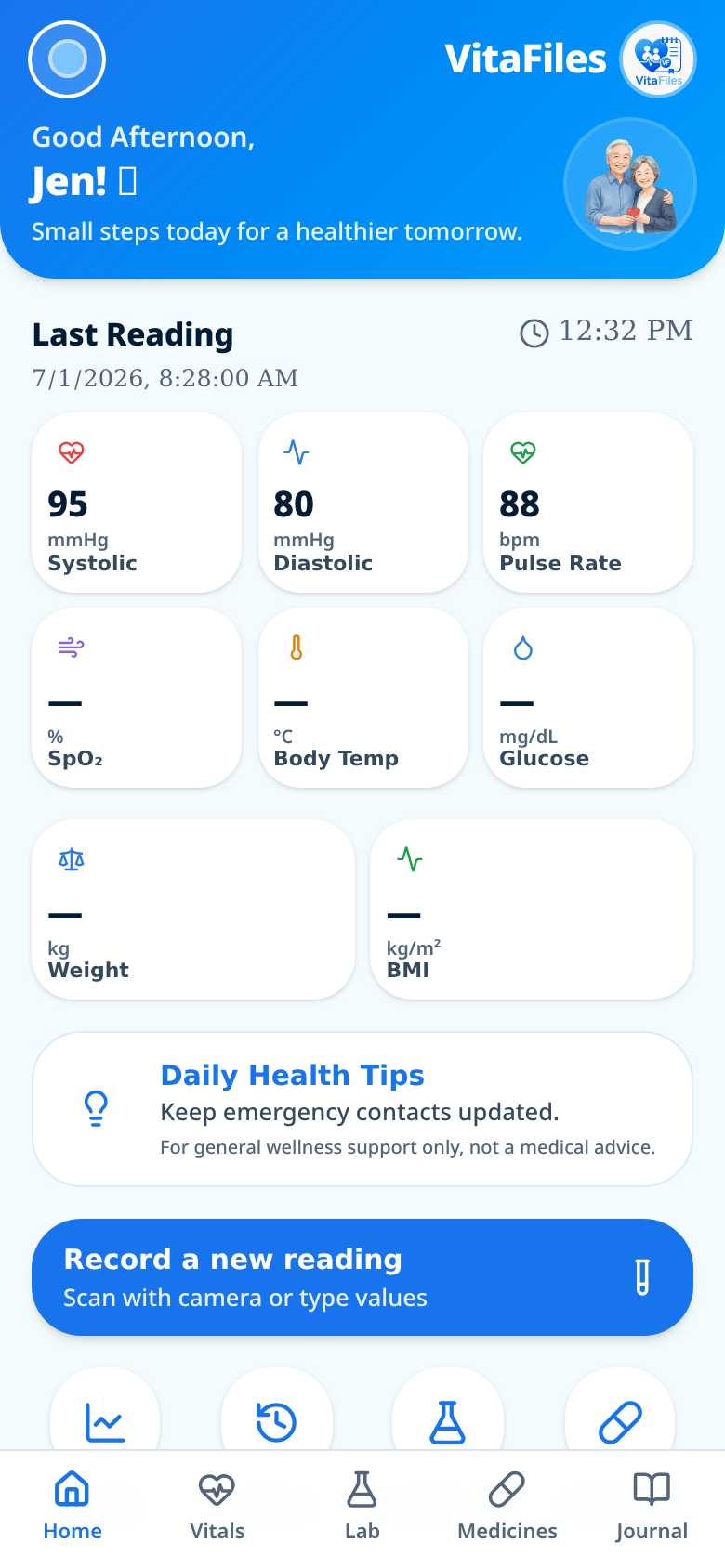 VitaFiles app home screen showing daily vitals dashboard