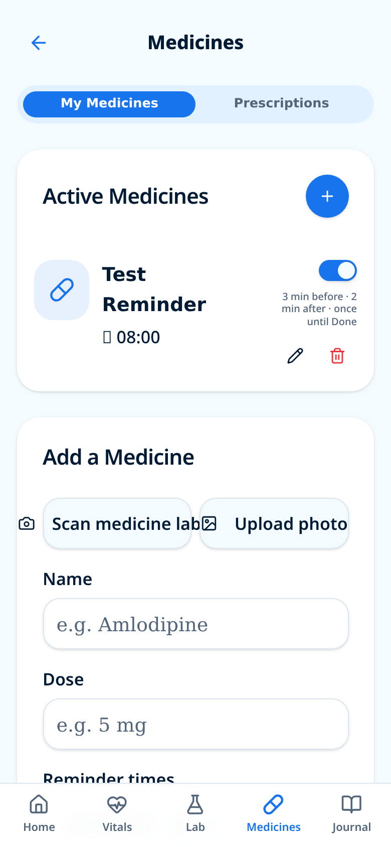 VitaFiles medicines screen showing active medicine reminders