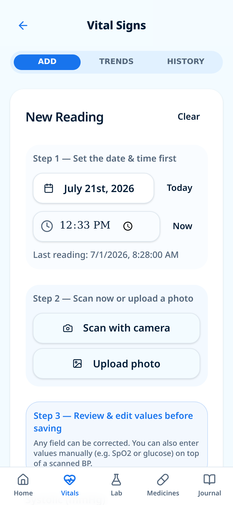 VitaFiles vitals screen showing scan with camera and upload photo options