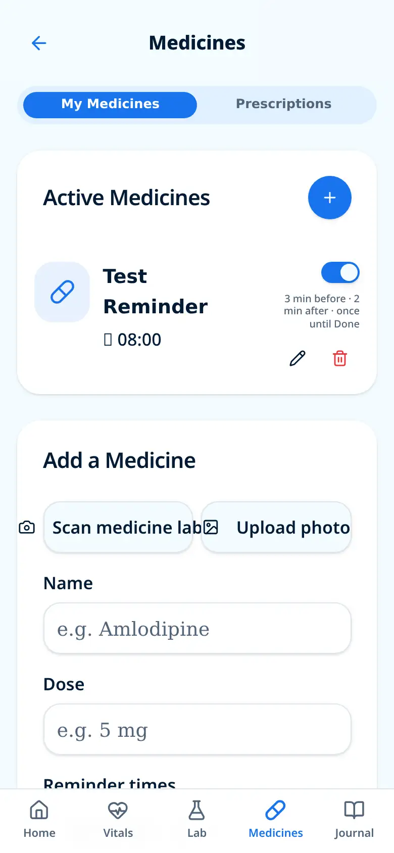 VitaFiles medicine tracker showing active medicine reminders