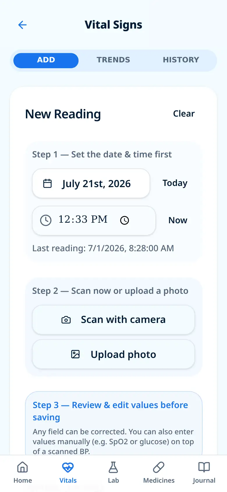 VitaFiles vital signs tracking screen with scan and upload options